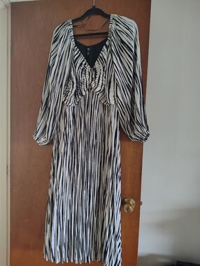 Terra & Sky 1X Black and White Striped Pleated Maxi Dress